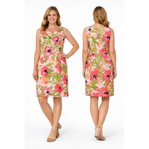 Kim Rogers Floral Sleeveless Shift Dress Size 14 Pink Green Summer Lined